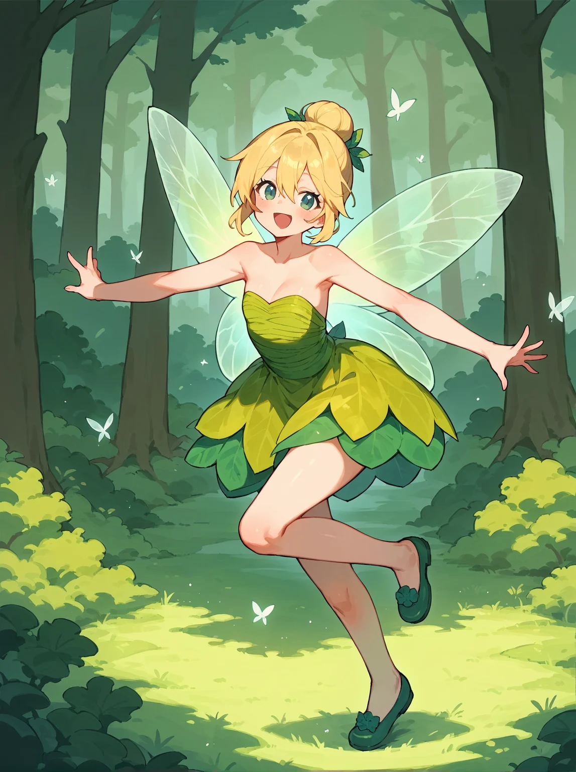 score_8_up, score_7_up, score_6_up, source_anime, 1girl, solo, forest, tree, dancing
happy,blonde hair, hairbun, hair between eyes, 
strapless dress, green footwear, fairy wings <lora:Tinker_Bell:1>