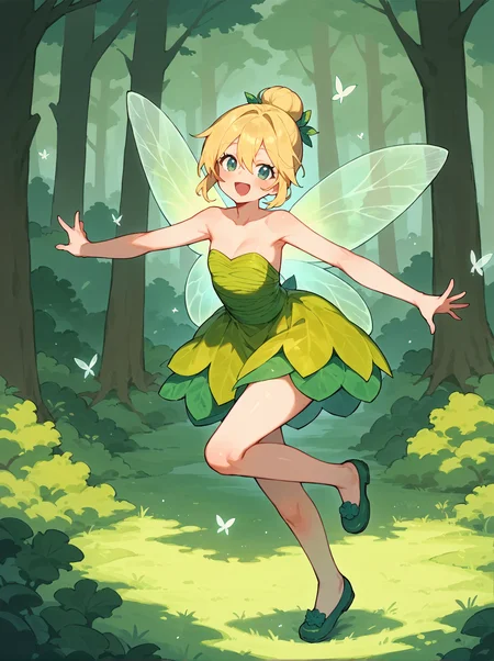 score_8_up, score_7_up, score_6_up, source_anime, 1girl, solo, forest, tree, dancing
happy,blonde hair, hairbun, hair between eyes,
strapless dress, green footwear, fairy wings <lora:Tinker_Bell:1>
