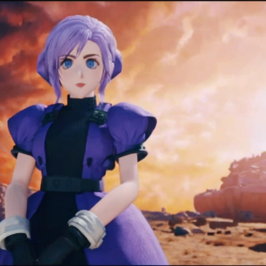 A screencap of a game of a beautiful woman with purple hair wearing a frilly black dress searching for Materia and exploring the open world<lora:ff7 style:1> ff7og style, extremely detailed gorgeous eyes and facial features, 64-bit, amazing game composition, cinematic lighting, ray tracing, unreal engine