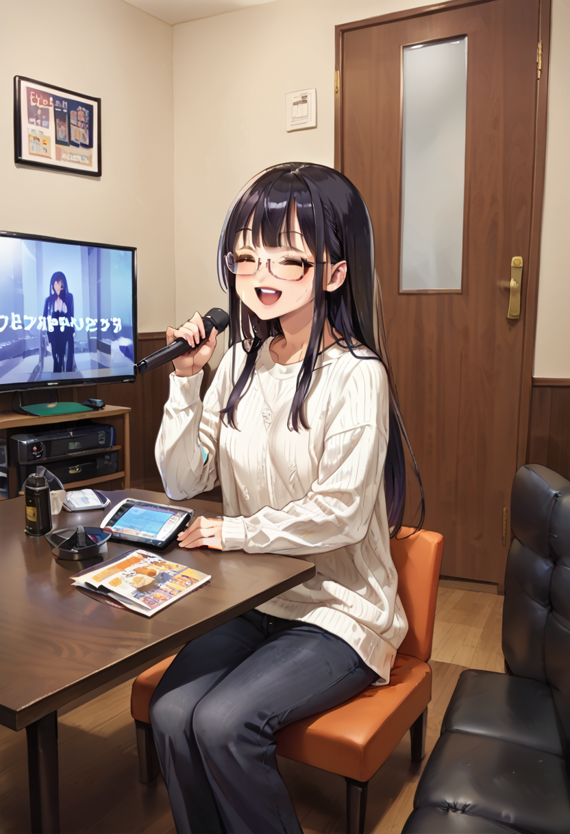 score_9, score_8_up, score_7_up, rating_safe, masterpiece, best quality, absurdres, unity 8k wallpaper, official art, official style, source_anime, uncensored, game cg, megami magazine,
1girl, solo, glasses, black hair, long hair, ribbed sweater, pants, happy, smile, closed eyes, open mouth, holding microphone, karaoke, sitting,
karaokeroom, scenery, table, door, indoors, couch, screen,joypad, microphone, television,
 <lora:karaoke_room_PONY_V3A:0.8>