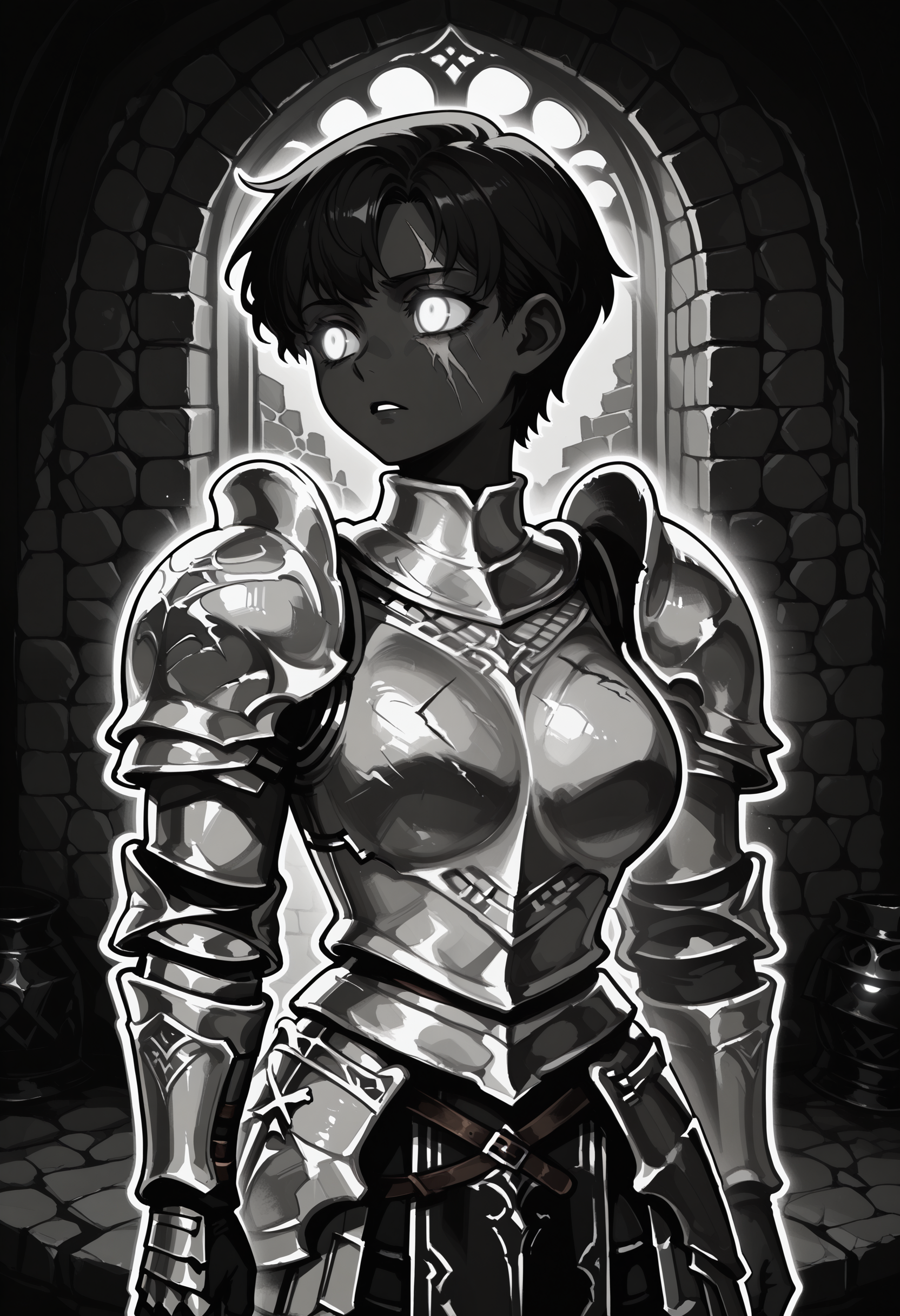 1girl, solo, DARCEIL,1girl,short hair,large breasts, armor,grey eyes,scar,shoulder armor,gauntlets,scar on face,pauldrons,breastplate,faulds,plate armor,boobplate,
dungeon, turning head, stone wall,
BHDR, white eyes, glowing eyes, outline, monochrome, greyscale, black skin, best quality, very aesthetic, masterpiece,