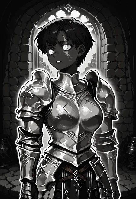1girl, solo, DARCEIL,1girl,short hair,large breasts, armor,grey eyes,scar,shoulder armor,gauntlets,scar on face,pauldrons,breastplate,faulds,plate armor,boobplate,
dungeon, turning head, stone wall,
BHDR, white eyes, glowing eyes, outline, monochrome, greyscale, black skin, best quality, very aesthetic, masterpiece,