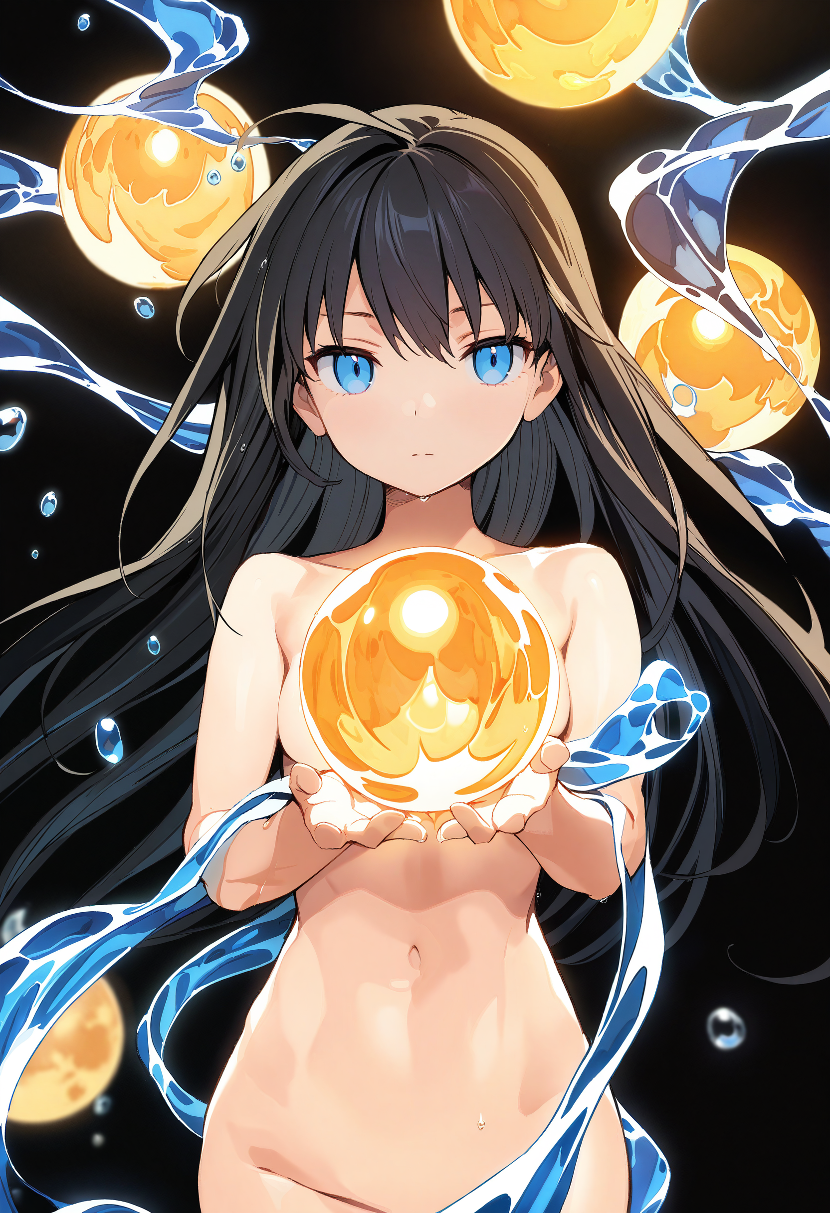 masterpiece,best quality,very aesthetic,absurdres,highres,<lora:Cool_Rance_PA:1>,1girl,front view,close-up,large glowing orb,wind,lights,water clothes,magic,slender,long hair,glowing,flowing light,upper body,nude,black hair,blue eyes,looking at viewer,expressionless,black background,water drop,wet,