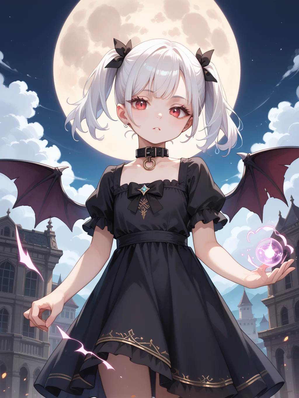 score_9, score_8_up, score_7_up,
masterpiece, best quality,
outdoors, full moon, cowboy shot,
1girl, demon,white hair,pale skin, twintails, black bows,black demon wings,black dress,long eyelashes,short hair,collar,magic,