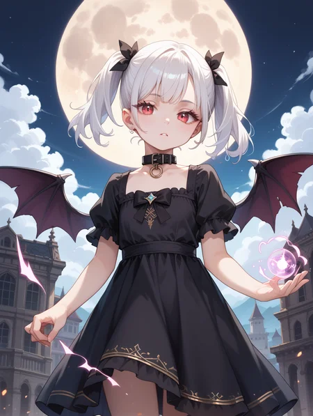 score_9, score_8_up, score_7_up,
masterpiece, best quality,
outdoors, full moon, cowboy shot,
1girl, demon,white hair,pale skin, twintails, black bows,black demon wings,black dress,long eyelashes,short hair,collar,magic,