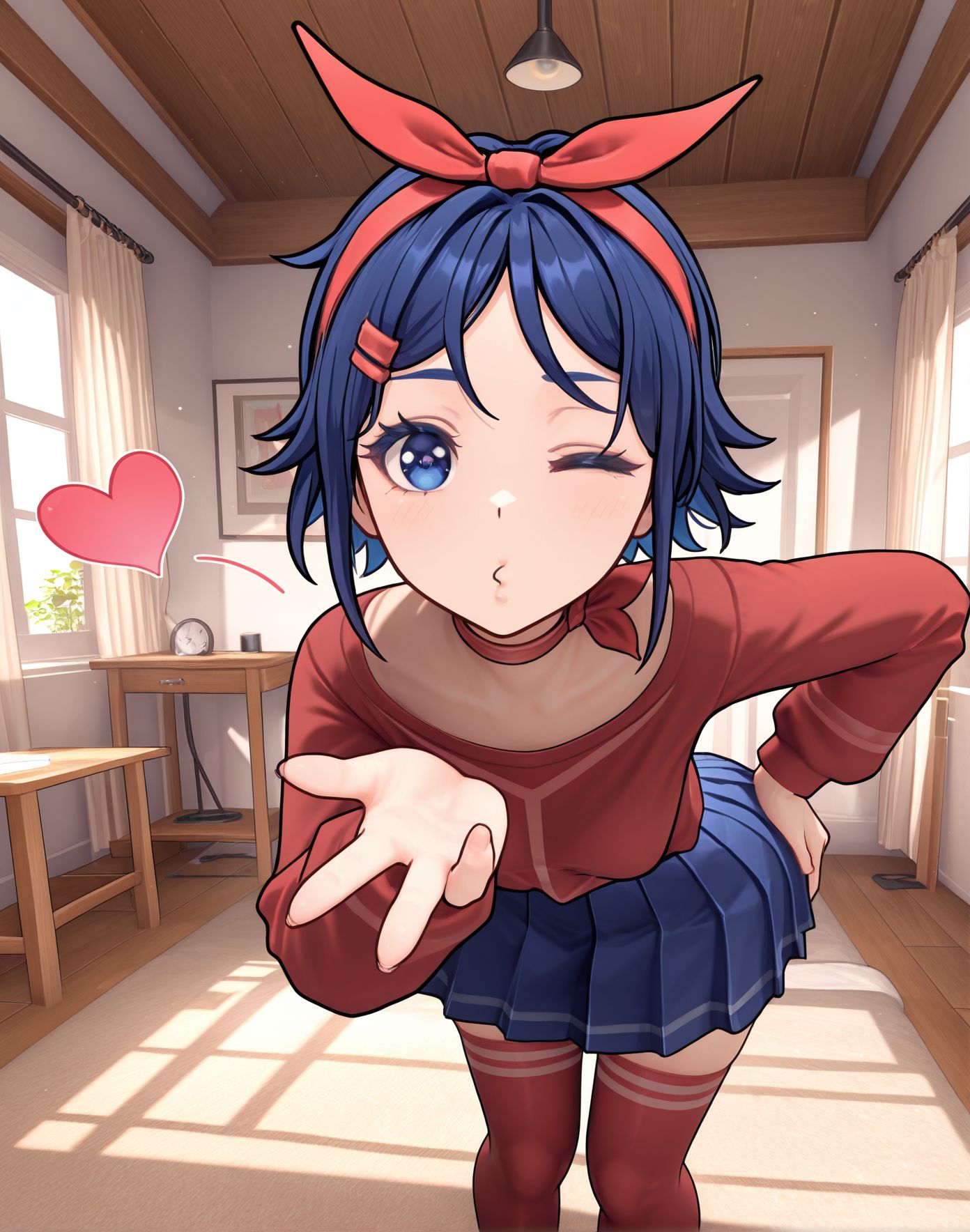 masterpiece,best quality,amazing quality,very aesthetic,absurdres,newest, huge filesize,
<lora:spo_sdxl_10ep_4k-data_lora_webui:0.5>, 
<lora:add-detail-xl:1>3d, anime coloring, 
<lora:FrierenBlowingKissMeme_illusXLNoobAI_Incrs_v1:1>,looking at viewer, one eye closed, heart, 
blowing kiss, heart, puckered lips, o3o,bent over, hand on own hip, 
ShortHairMita, 1girl, short hair, hair ribbon, red shirt, blue pleated skirt, red thighhighs, 
 <lora:Mita-MiSide-4-4-Illustrious-Test11:0.9>