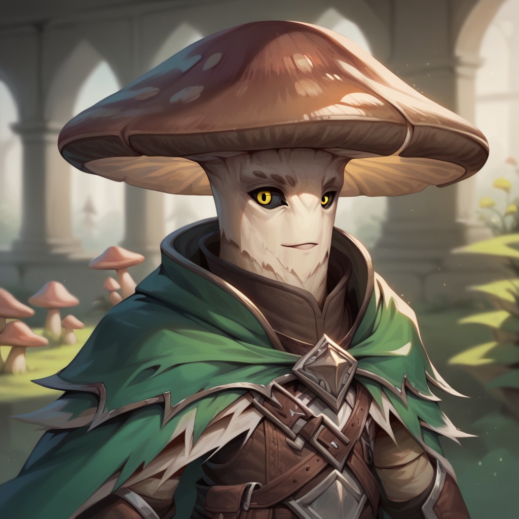 (((detailed, beautiful, high quality))), score_9, score_8_up, score_7_up, upper body,
myconid, anthro mushroom, mushroom cap, black sclera,
1male, brown hat, white skin, yellow eyes, green cape,
looking at the viewer, posing, blurred background, blurred fantasy background,