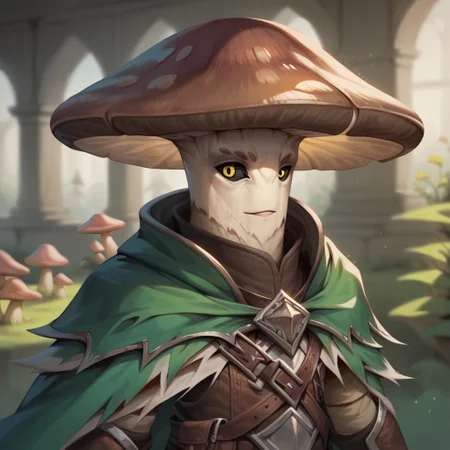 (((detailed, beautiful, high quality))), score_9, score_8_up, score_7_up, upper body,
myconid, anthro mushroom, mushroom cap, black sclera,
1male, brown hat, white skin, yellow eyes, green cape,
looking at the viewer, posing, blurred background, blurred fantasy background,