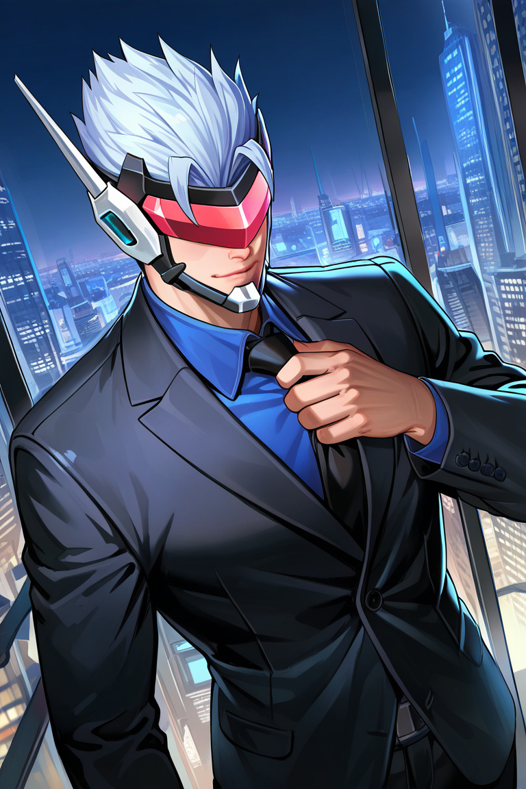 realistic shading, dimlighting, backlighting, blindfolded-male focus, expressive serious face, saberregulator, red_saberregulator_tinted eyewear, light blue_saberregulator_spiked hair, grey-blue_saberregulator_single ear antenna, black_chin-headpiece, 1boy, shiny skin, adjusting necktie, formal cosplay, black suit, businessman,cowboy shot, day indoor office, large glass wall, cityscape outdoors, shadow, foreshortening, dutch angle, dynamic angle, dynamic action, intricately detailed illustration, cinematic, depth of field, atmospheric perspective, masterpiece, best quality, amazing quality, very aesthetic, absurdres, newest