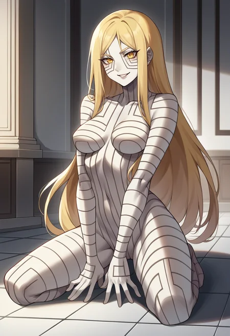 score_9, score_8_up, score_7_up, source_anime BREAK 1girl, solo,  <lora:zs_AsherahXL:1> asherasmt, long hair, blonde hair, yellow eyes, colored skin, smile, tile floor, inside temple, kneeling, cowboy shot, assertive female, confident