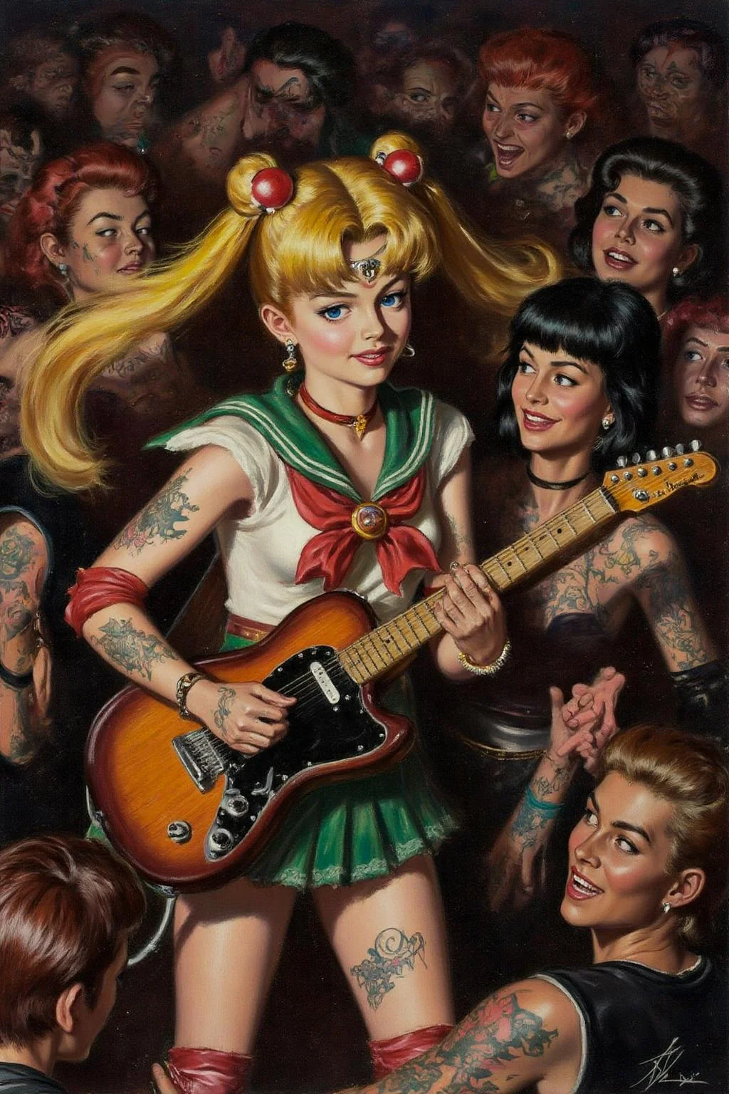 walterbaumhofer1 painting.
Punk sailor moon playing a guitar at a heavy metal mosh pit, tattoos, piercing. <lora:walterbaumhofer1_cap_d8a4e12:1.0><lora:849070404608746920:0>