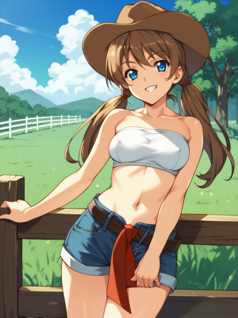 score_9, score_8_up, score_7_up, score_6_up, BREAK masterpiece, perfect face, perfect hands, high quality, source_cartoon, BREAK (1girl, solo,) <lora:Renka_Misaki_-_Akiba_Girls:1> renka, long hair, brown hair, twintails, blue eyes, bandeau, denim short shorts, cowboy hat, cowboy boots, covered nipples, smirk, outdoors, green field, barn, wood fence,