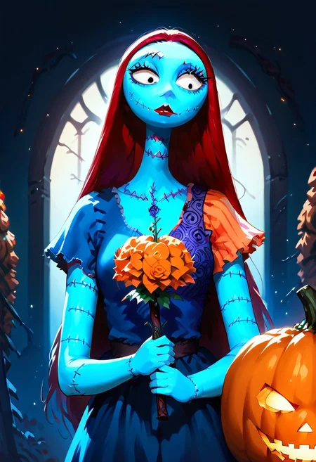 score_9, score_8_up, score_7_up, score_6_up, score_5_up,
sally, 1girl, stitches, solo, black eyes, blue skin, long hair, red hair, dress, holding flower, ADDCOL,Sa_lly,Stitches,
BREAK
Pumpkin spell,pumpkin field,gothicstylenext,Style-Grabby,Expressiveh
