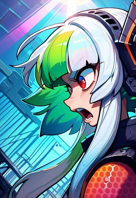 PonyScores7, score_9, score_8_up, score_7_up, Score_6_up, Score_5_up, Score_4_up,  source_anime, hi res, masterpiece, best quality, detailed, amazing quality, detailed background, detailed eyes, clean eyes, best quality, highres, FunnyGrifter_PS, partially illuminated, (halftone effect:1.4), 1girl, solo, from side, close-up, shiny, neon, (lens flare:1.2), multicolored hair, white hair, green hair, blue hair, sidelocks, (short hair with long locks:1.4), reflected light, god rays, light beam, blunt bangs, (neon distortion), headgear, science fiction, open mouth, angry, red eyes, (screaming), looking away, shadows, factory, wind