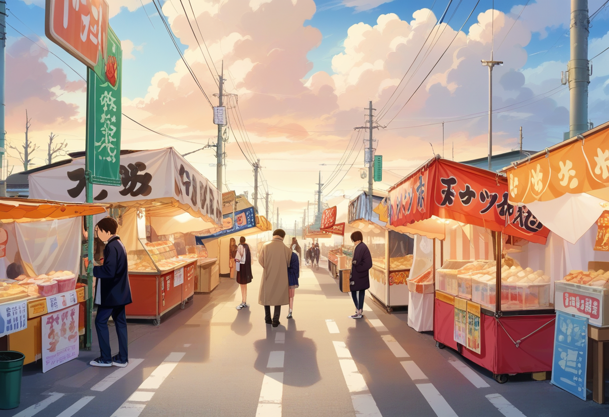 score_9, score_8_up, score_7_up, rating_safe, masterpiece, best quality, absurdres, unity 8k wallpaper, official art, official style, source_anime, uncensored, game cg, megami magazine,
omatsuri, food stand, outdoors, power lines, real world location, utility pole, sky, road, multiple boys, scenery, cloud, sign, street, day, multiple girls, 6+boys, food, building, city, holding, shop, bag, lamppost, blue sky, cloudy sky, coat, eating, realistic, photo background, photo (medium), photorealistic
 <lora:omatsuri_PONY_V1:1>