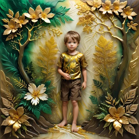 male nature print, rainforest, child, alcohol ink, tulle, neoclassicism style, Overlapping, brown and gold, floral pattern, double exposure effect, metallic accents, modular, brushed texture, powdery finish <lora:artfully_ETHEREAL-GEOMETRIC-FLORAL-FUSION:1>,