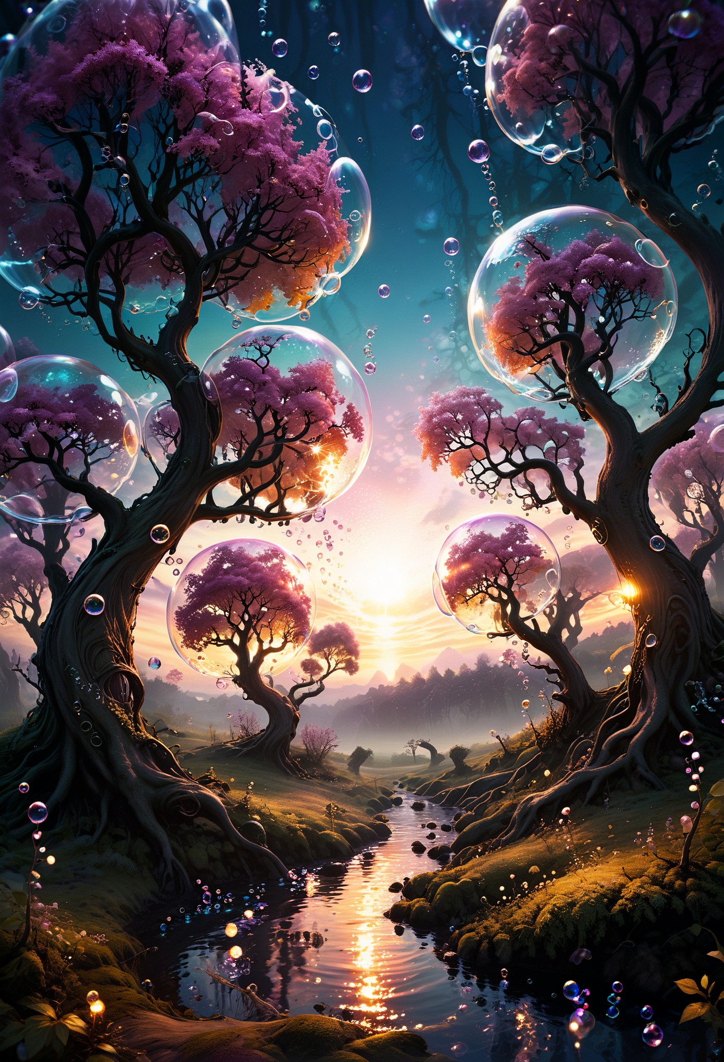 A mystical fantasy landscape filled with magical trees and bubbles lit up by sunset  <lora:sdxl\add-detail-xl> <lora:sdxl\xl_more_art-full_v1>