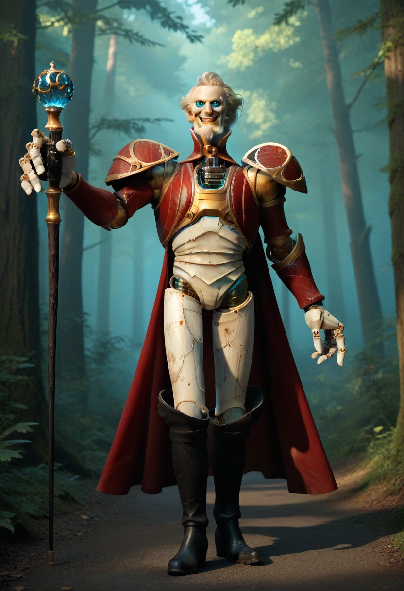 score_9, score_8_up, score_7_up, solo, 1boy, dot@_ringmaster, puppet, white skin, white hair, white dutch beard, black sclera with blue pupils, shoulder pads, red jacket, black boots, puppet joints, standing, smile, holding cane, forest, male focus,