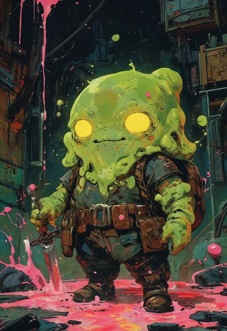 A cute, chubby slime warrior character with a semi-transparent, glossy green gelatinous body, glowing yellow eyes, and a slightly dripping texture. The slime wears a rugged, dark adventurer outfit partially covered by the slime mass, with visible leather boots and a belt with small pouches. The character wields a short, shiny dagger with slime dripping from it, and carries a large, worn backpack. The ground beneath is splattered with pink slime, creating a playful yet mysterious vibe. The style is colorful, cartoonish, and vibrant with smooth shading and clean outlines, suitable for a fantasy RPG game character design