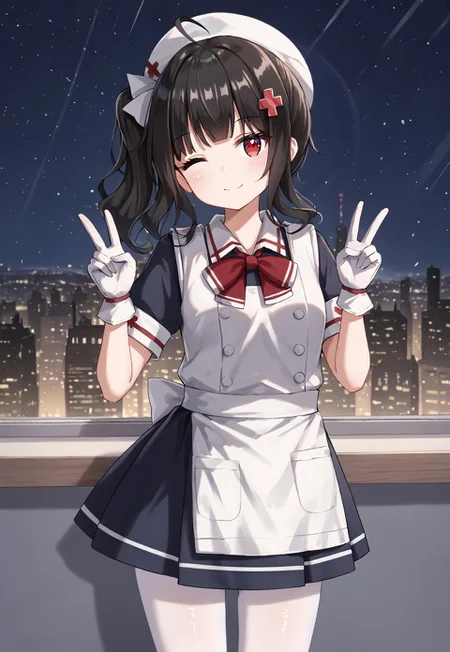 GShMedic, black hair, nurse cap, bangs, x hair ornament, ahoge, red eyes, white headwear, white apron, puffy short sleeves, white gloves, side ponytail, black dress, white vest, red bow, armband, sidelocks, long hair, white pantyhose, collared dress, small breasts,

looking at viewer, head tilt, closed mouth, light smile, double v, one eye closed,

window, city, cityscape, dark, night, night sky,

1girl, solo, solo focus, highres, absurdres, light particles, shade, lens flare, shiny skin, fine fabric emphasis,




