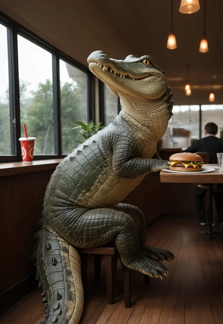 CrocodileLora, score_9, score_8_up, score_7_up, score_6_up, score_5_up, score_4_up, source_furry, hi res, sfw, solo, 1boy, realistic, photo, photorealistic, realistic animal, realistic feral, animal focus,
Crocodile, crocodilian, scalie, ((feral)), dark scales, green scales,
sharp teeth, large jaw, ear hole, crocodile ear, slit pupils, yellow eyes, mature crocodile, fat animal, fat crocodile, long body, long neck, thick neck, 5 fingers, 4 toes, short arms, short legs, webbed feet, ridged tail, long tail,
at a restaurant, sitting on a chair, legs dangling, holding a hamburger, holding food, indoors, looking at viewer, meat burger,
full body, from side,
Restaurant, day, windows, plants, people, humans in the background,