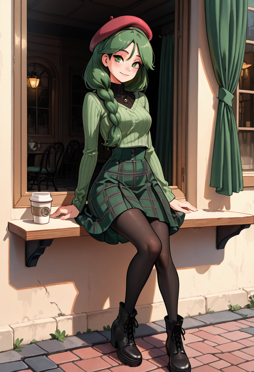 masterpiece, best quality, 1girl, solo, eyelashes, (beautiful eyes), narrow waist, smile,    [French Chic Window Seat], zzCheryl, green eyes, single braid, hair over shoulder, black turtleneck, plaid skirt, beret, sheer tights, ankle boots, coffee cup, Parisian apartment, soft natural light â zzCheryl sits on a window seat framed by linen curtains, one knee drawn up as she holds a delicate porcelain cup near her lips. Her braid falls perfectly over her shoulder as she watches the cobblestone street below, Parisian rooftops stretching to the horizon. The light wraps her in a quiet sophistication, timeless and impossibly elegant.  ,<lora:CherylPokemon_IXL_v2:0.8>,   <lora:CoutureCraze_IXL:0.7>,