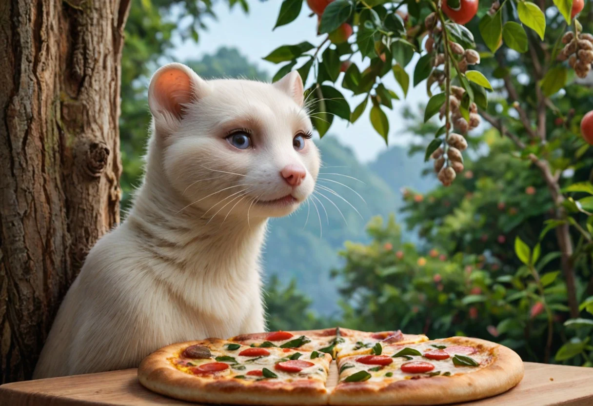score_9, score_8_up, score_7_up, score_6_up, score_5_up, score_4_up, fur, animal weasel, g5, rich colors, front view, detailed background, detailed, 8k quality, side view, beautiful, teasing, freely actions, small, sausage tree, flying pizza like a marten, pizza, weasel, ferret,