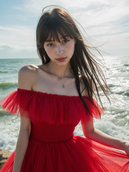 There are wonderful studio lights and various reflections,
18yo beautiful cute girl with blushing and female orgasm.skin naturally showing the texture of blood vessels and detailed pale skin,
--,
<lora:Nakajo_Ayami_f1:1>,she is Nakajo Ayami, --,This is a surreal Gothic style art photo. She is wearing a red off-shoulder tulle dress. The wind is blowing, and her log hair is fluttering in the wind. It is sunny and rainy, and the heavy rain wets her beautiful face. The background is huge waves and the Tyndall light shining through the clouds.