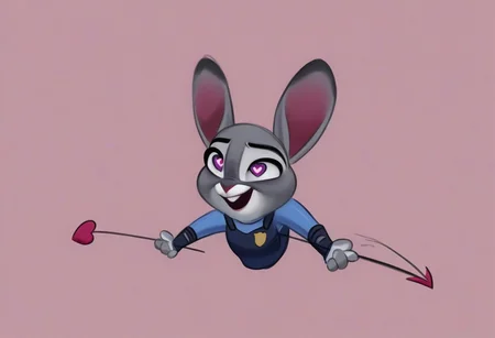 heart floating, heart-shaped pupils, aroused, heart eyes, cupid arrow, Valentine's day themed, Judy Hopps,  police outfit, 1 girl