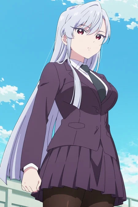 anime coloring, anime screencap, masterpiece, best quality, amazing quality, detailed face,
<lora:Hakari_and_Hahari_Hanazono_Mei_Meido_and_Nano_Eiai_The_100_Girlfriends_Who_Really_Really_Really_Really_Really_Love_You:1>
on the roof of a Japanese school, blue sky, clouds,
Nano's school uniform (outfit), Nano Eiai (character), 1girl, solo, pantyhose, long hair, grey hair, red eyes, breasts, jacket, purple jacket, shirt, standing, white shirt, necktie, pleated skirt, looking at viewer, long sleeves, cowboy shot, neutral expression