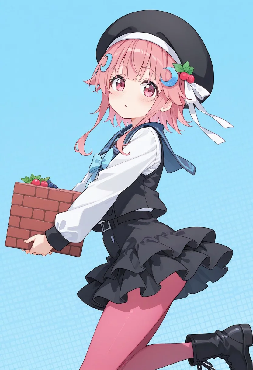 score_9,score_8_up,score_7_up,source_anime,best quality,masterpiece,uncensored, (1 girl solo, long sidelocks, curvy sidelocks, pink eyes, pink hair, petite, short girl, young, blue crescent hair ornament, hair ornament), game world, dynamic pose, happy, Hashino Mizhua_winter uniform, black vest, black headwear, white sleeves, blue chest bow, black skirt with white layers, puff skirt, pink pantyhose, black boots, blue sailor collar, berry, white ribbons, holding a brick with both hands, carrying a brick, from side, walking, parted lips, looking at the viewer, pixel game background, detailed background