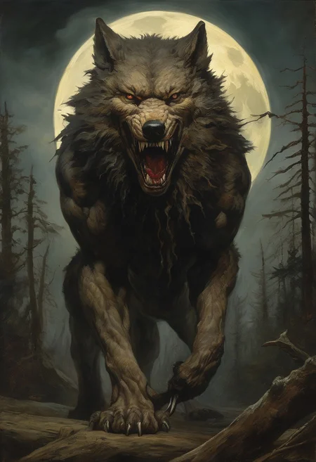 (werewolf:0.7) in the shape of a wolf, evil, with sharp teeth, long tongue, (clawed hands), corrupted skin, fur covered,, horror, epic fantasy, (Oil painting) (by Jean-Francois Millet), (by Gustave Courbet) , (by Jules Breton), close up, dark fantasy forest in background with full moon, low angle <lora:add-detail-xl:2>