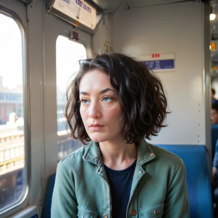 score_9, score_8_up, score_7_up, source: photo, , expressive, blue-grey eyes, detailed eyes, green jacket, pale skin, black hair, messy bob hairstyle, DMU_interior , medium saggy boobs, setting in a train carriage looking out of the window at the passing British countryside, Expressiveh