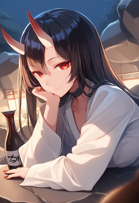battleship princess, 1girl, black hair, solo, long hair, red eyes, abyssal ship, looking at viewer, smile, nail polish, oni girl, white shirt, long sleeves, holding choko, onsen \(place\), sake bottle, upper body, skin-covered horns, open kimono, alcohol, pale skin, red nails, black choker,
hand rest, half-closed eyes, seductive smile, night, scenery, rock,
score_9, score_8_up, score_7_up, masterpiece, best quality
<lora:oni_girl_concepts_v2:1>