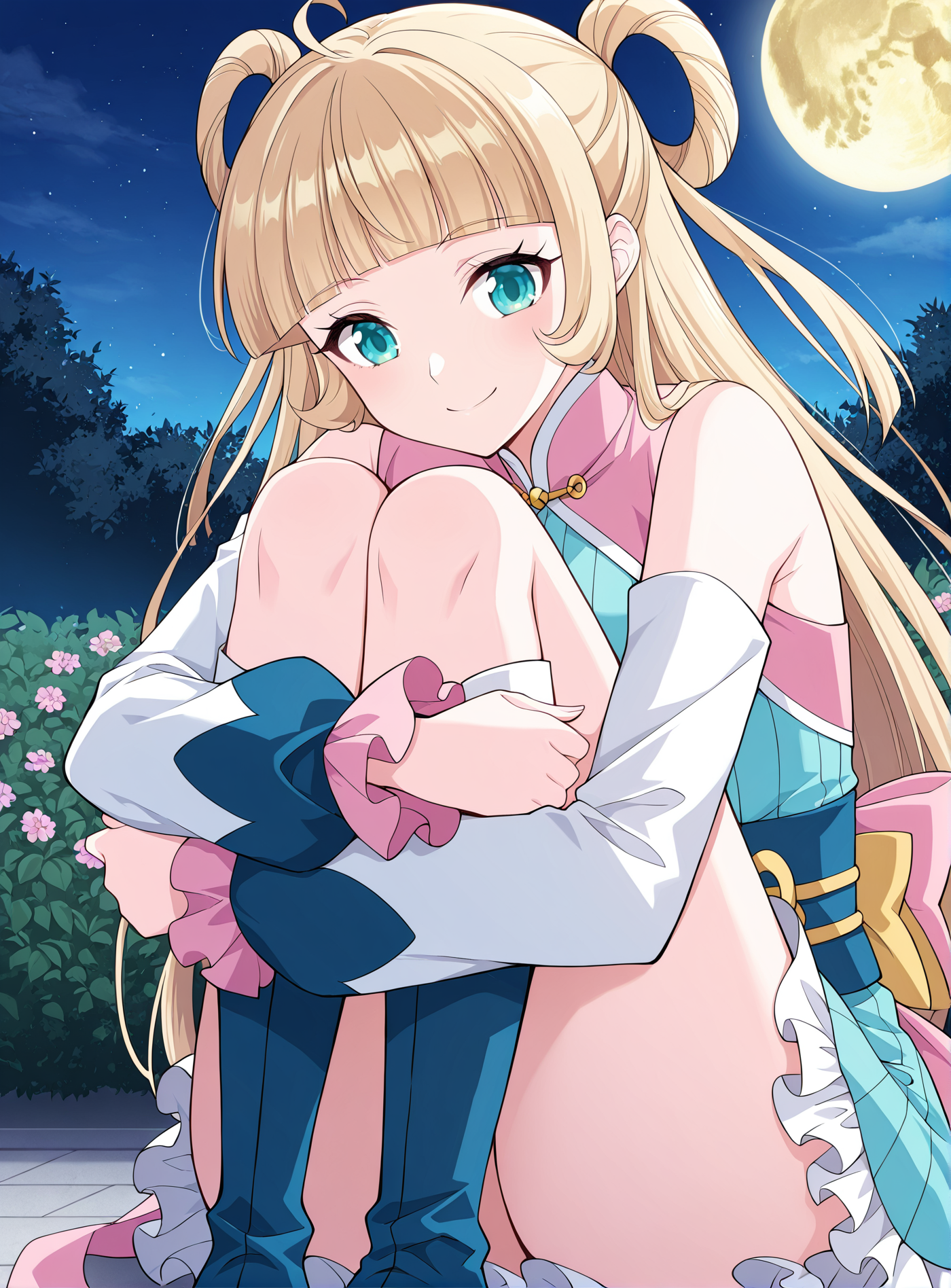<lora:Mu_Qing_Luan__Battle_Through_the_Heavens__Illustrious:1>
1girl, solo, blonde hair, twin buns, long hair, ahoge, blunt bangs, teal eyes, anime style, 
blue and pink outfit, oriental dress, short dress, frilled skirt, pink sash, golden bow, detached sleeves, long sleeves, blue boots, big cuffs, ribbon details, open shoulders, 
score_9, score_8_up, score_7_up, very aesthetic, source_anime, detailed, high quality, beautiful, detailed eyes, masterpiece, best quality, absurdres, perfect anatomy, 1girl, solo, hugging your own legs, sitting, garden background, charming smile, night, night, golden moon