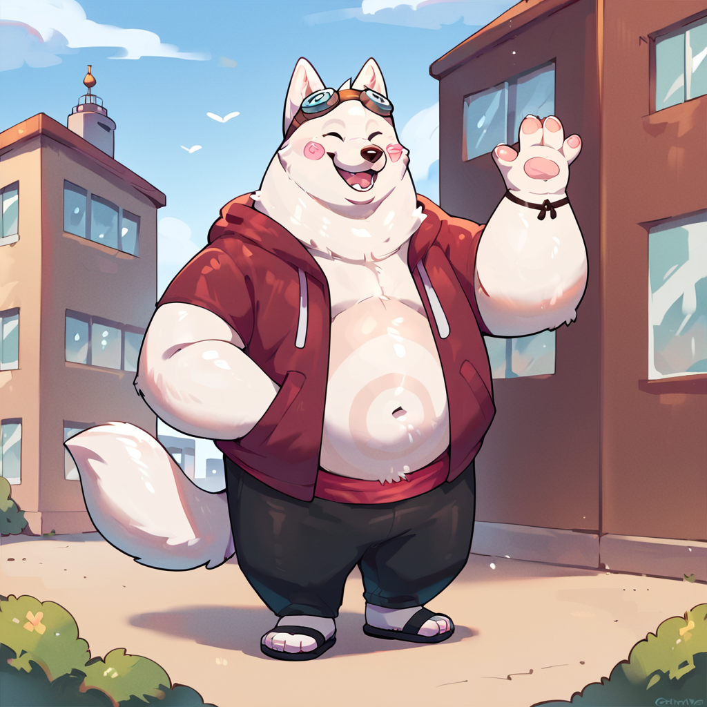 score_9, score_8_up, score_7_up, score_6_up, score_5_up, score_4_up, source_cartoon, cori, dog, chubby, fat, hoodie, goggles, pink cheeks, sandals, white fur, looking at viewer, smiling, standing up, waving, city background <lora:Cori_Breeze_In_The_Clouds_PonyXL:0.80> cori