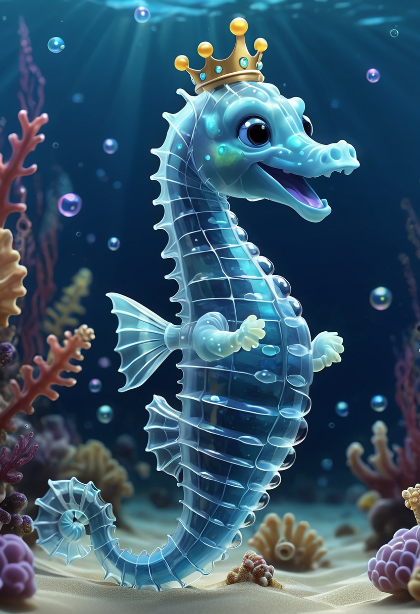 pixar style of  transparent seahorse king, crown, wand,  tinny cute, ((( luminous))), in the ocean,  , bubbles, smile, high detailed, photorealistic, 8k