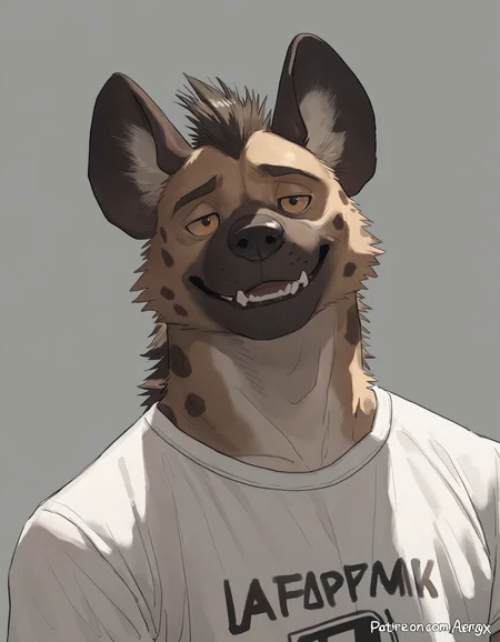 score_9,score_8_up,score_7_up,score_6_up,score_5_up,score_4_up,
solo,male,anthro,mature male,hyena,clothed,t-shirt,
pngx,
,<lora:PNGX_Style_Pony:0.8>