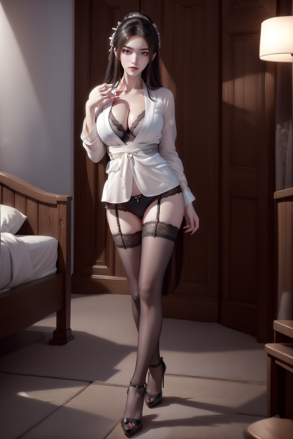 1girl, garter_straps, high_heels, breasts, underwear, solo, thighhighs, black_hair, garter_belt, standing, looking_at_viewer, cleavage, long_hair, lace_trim, lace, nail_polish,<lora:MIAOKA_fangqingxue_v1.0:1>