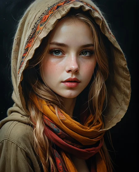 Drawing, full-length profile portrait of a girl, (Anna Dittmann), with wide hood, round face, loose hair, strands of hair covering the eyes and face, half-open lips, full lips, perfect and hyper-detailed light eyes, hair loose and messy brown, wool scarf on the head, earrings, black background, bright colors, sensuality, desire, side lighting, very high contrast, hard shadows, hyperrealistic, oil on canvas, paint strokes with a spatula, splashes