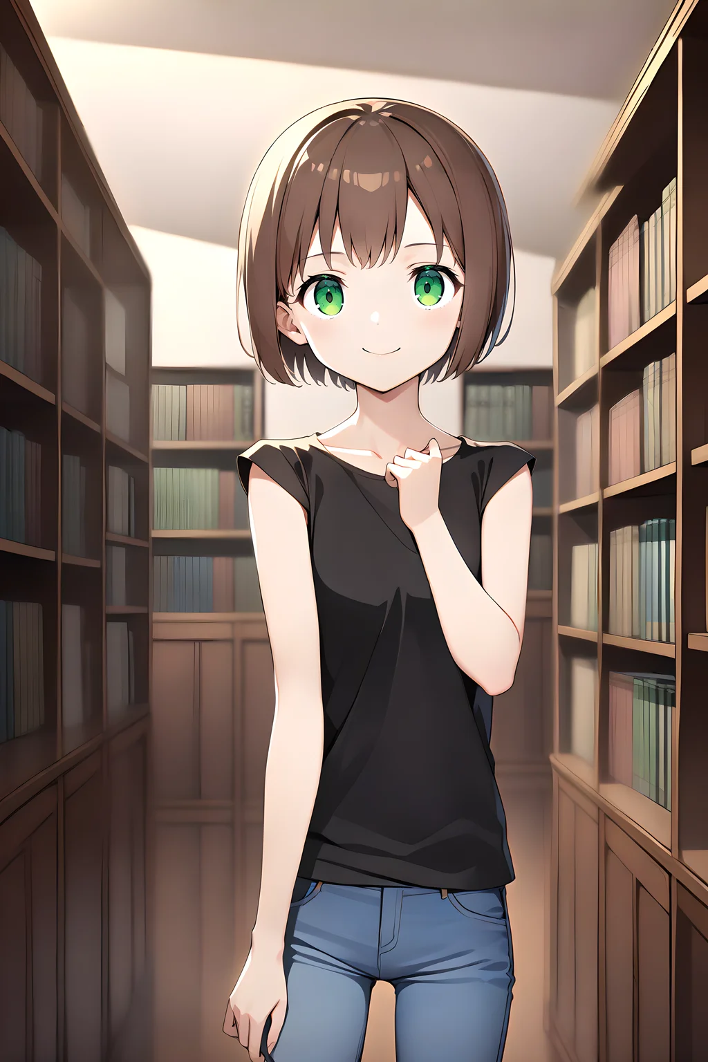 1girl, cowboy shot, standing, short hair, brown hair, green eyes, black shirt, T-shirt, cap sleeves, jeans, collarbone, closed mouth, smile, indoors, library <lora:CapSleeves_DoRA:1>