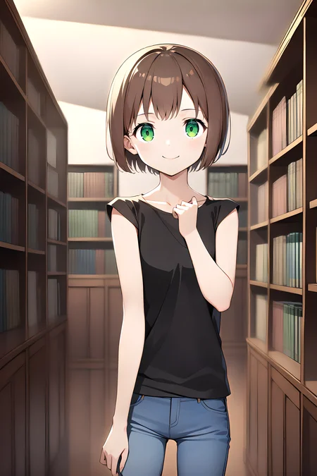 1girl, cowboy shot, standing, short hair, brown hair, green eyes, black shirt, T-shirt, cap sleeves, jeans, collarbone, closed mouth, smile, indoors, library <lora:CapSleeves_DoRA:1>