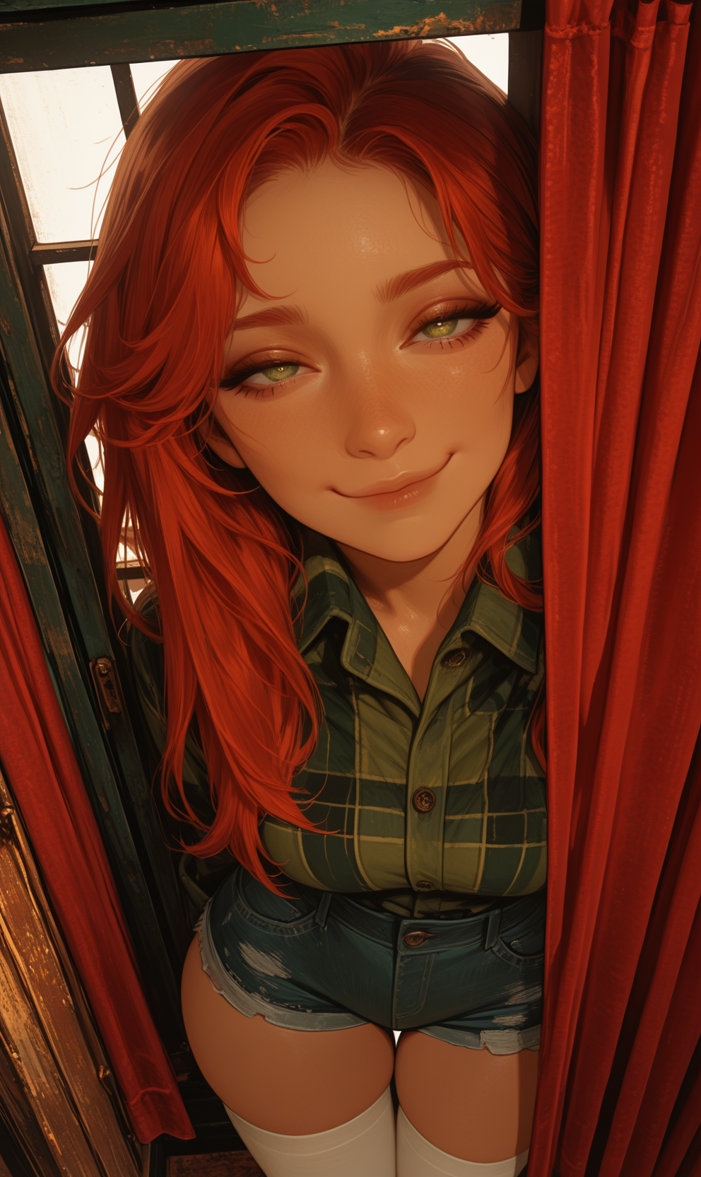 Masterpiece, Best quality Backlights, ultra-detailed quality, dynamic angle, semi-realism, safe pose, semi-realism, (drawn, wide hips:1.3),1girl, solo, medium breasts, redhead, 
green eyes, long hair, white thighhighs, denim shorts, green flannel, from above,
baroque hall, window, red curtains, (face focus, close-up:1.3),
looking at viewer,
dutch angle, 
smug,
