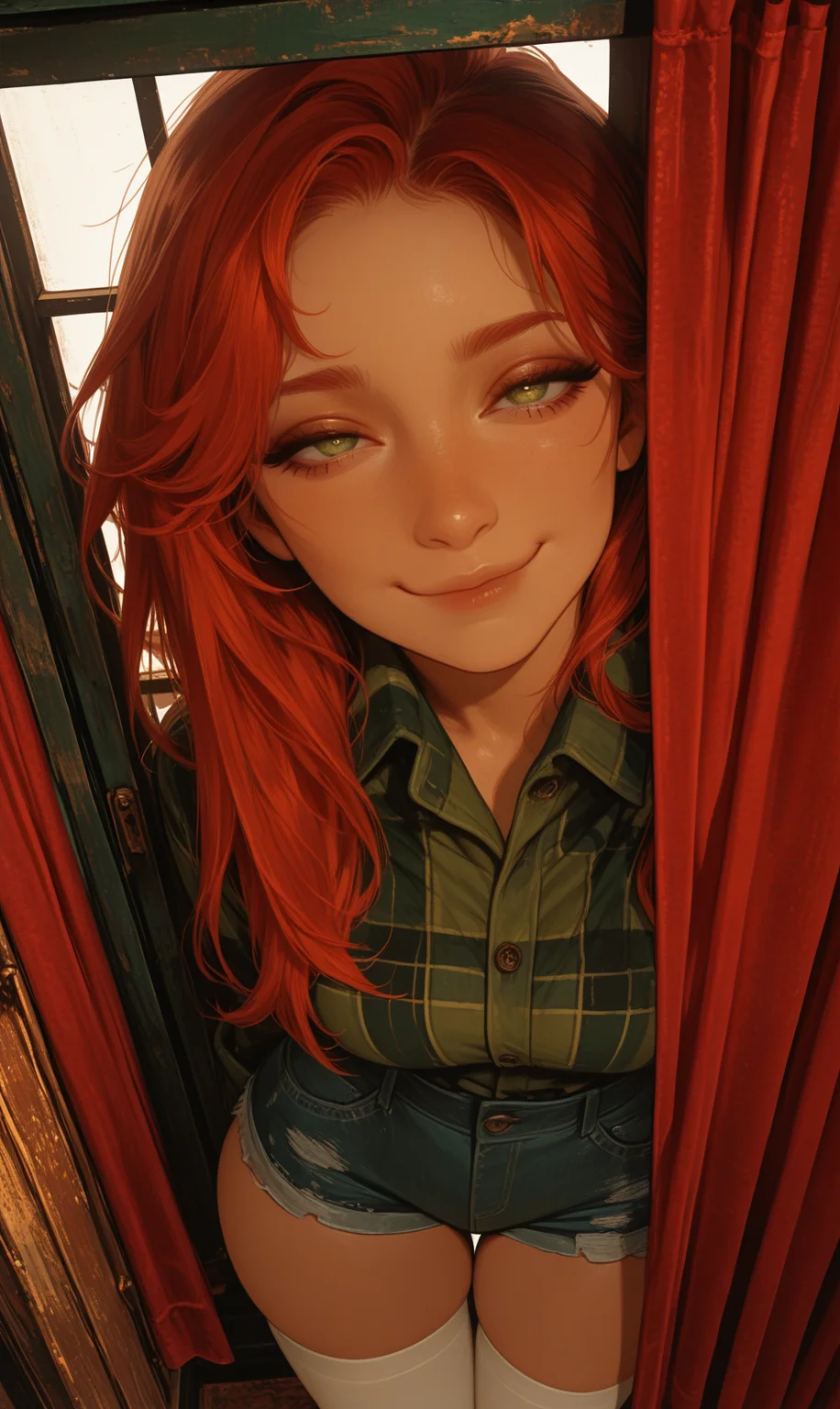Masterpiece, Best quality Backlights, ultra-detailed quality, dynamic angle, semi-realism, safe pose, semi-realism, (drawn, wide hips:1.3),1girl, solo, medium breasts, redhead, 
green eyes, long hair, white thighhighs, denim shorts, green flannel, from above,
baroque hall, window, red curtains, (face focus, close-up:1.3),
looking at viewer,
dutch angle, 
smug,