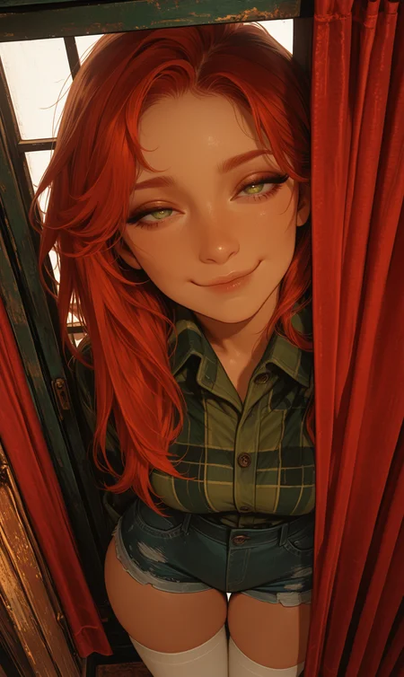Masterpiece, Best quality Backlights, ultra-detailed quality, dynamic angle, semi-realism, safe pose, semi-realism, (drawn, wide hips:1.3),1girl, solo, medium breasts, redhead, 
green eyes, long hair, white thighhighs, denim shorts, green flannel, from above,
baroque hall, window, red curtains, (face focus, close-up:1.3),
looking at viewer,
dutch angle, 
smug,