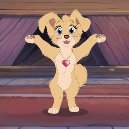 angellat, dog, light yellow fur, body fur, blue eyes, female, (((solo))), ((full body))), BREAK, (((bipedal))), (((right ear not folded))),  (((semi-anthro))), score_9, score_8, (((standing on two legs))), (((front view))), score_7, fluffy, BREAK, (((outstretched_arms, spread_arms))), (((arms held out 90 degrees from body))), ((arms in front of hair)), BREAK arms parallel to ground, (((legs wide apart))), standing upright, head up straight, (((necklace with pink heart pendant))), BREAK looking directly at viewer, ((((((body directly facing viewer)))))), slightly mischievous, (large expressive eyes),(((looking at viewer))), (((flirty))), (((eyelashes))), solo, (((happy))), (((sweet))), (((smiling))), (((loving))), (((open mouth))), (((full body view))), (((open eyes))), detailed fur, detailed face, (((dog paws facing upward))), BREAK, 2D, (((high detail)))