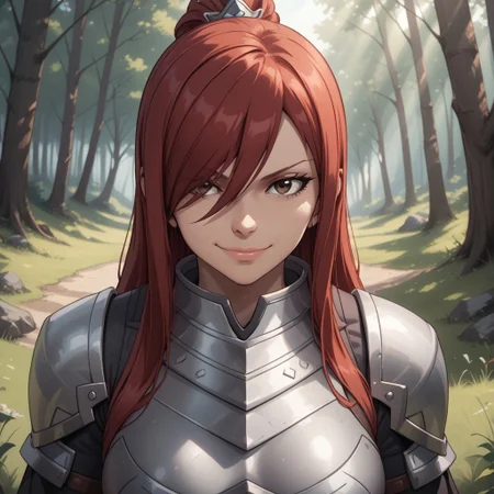 score_9, score_8, BREAK, solo, Erza_Scarlet_(Fairy_Tail), long hair, red hair, hair between eyes, brown eyes, large breasts, armor, hair over one eye, tattoo, shoulder armor, skirt, breastplate, gauntlets, blue skirt, self portrait, smile, looking at viewer, outdoors, sunlight, shadows, evening lighting, natural lighting, forest, trees, grass, orange sky, sunset