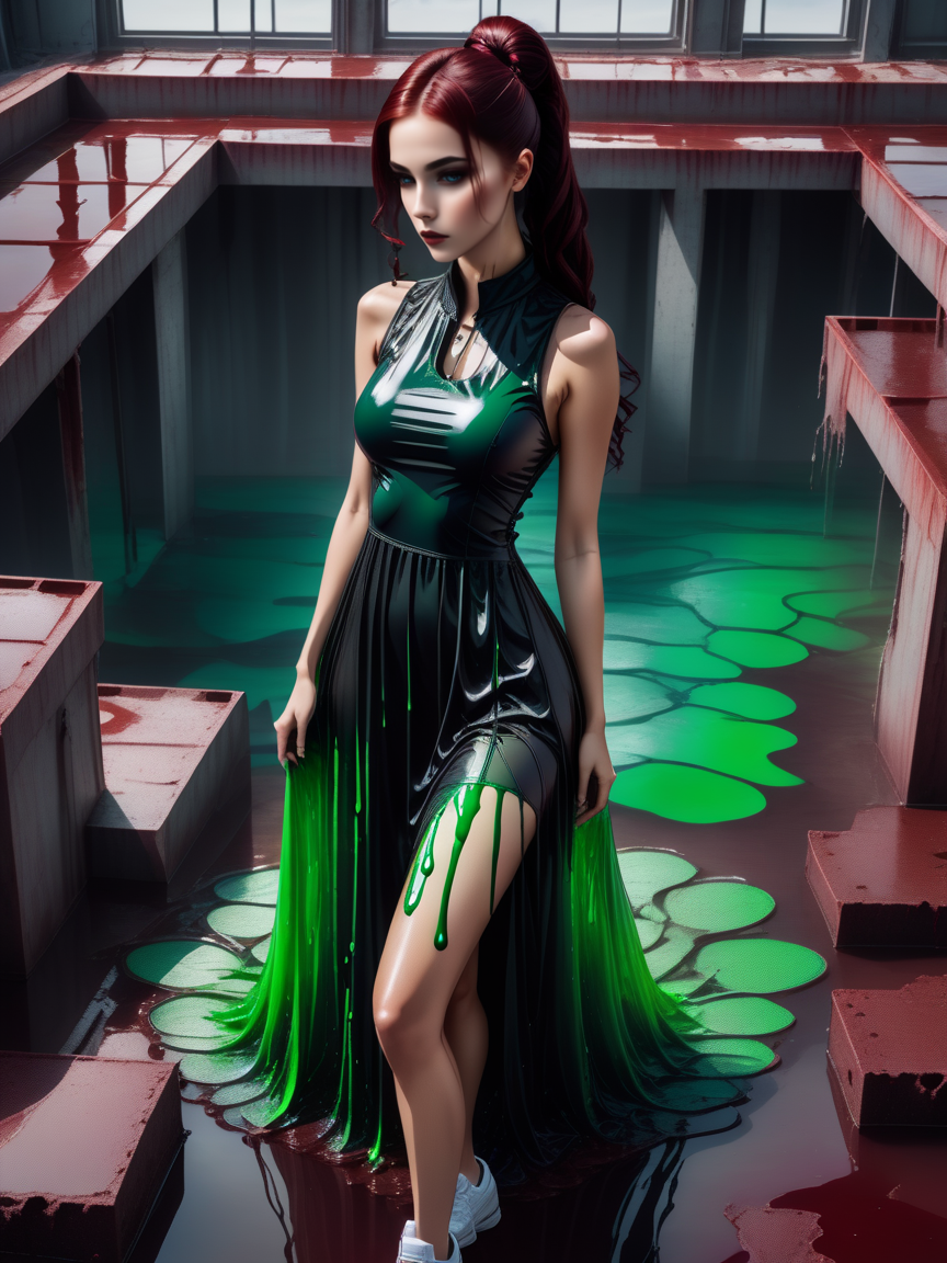 Gothic style a beautiful woman wearing a ((tennis dress,liquid dress)) Posing with a piece of art or sculpture in Waste management facility, <lora:xl_n15g_aio_clothing-2.0:1>, realistic, vibrant, vivid, [full body],
Oblique Angle, from above, [full body],
sad,
Ponytail,
Backless Dress,
Mahogany hair, . Dark, mysterious, haunting, dramatic, ornate, detailed