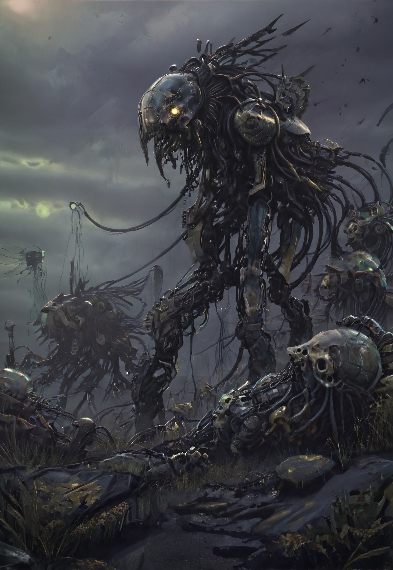 (((warhammer necron))), by Peter gric, H.R Giger, Chris Cold, by Florent Desailly, muscular with exoskeleton lots of thick cables, cables everywhere, (((the electric state book by Simon Stalenhag))), (warhammer necron), by Peter gric, H.R Giger, Chris Cold, by Florent Desailly, robotic skeletal warriors, necrons, ndead, alien race, Warhammer 40,000