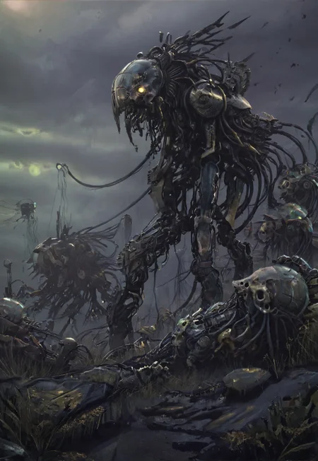 (((warhammer necron))), by Peter gric, H.R Giger, Chris Cold, by Florent Desailly, muscular with exoskeleton lots of thick cables, cables everywhere, (((the electric state book by Simon Stalenhag))), (warhammer necron), by Peter gric, H.R Giger, Chris Cold, by Florent Desailly, robotic skeletal warriors, necrons, ndead, alien race, Warhammer 40,000